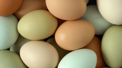 Top view of colored fresh raw chicken eggs. Natural farm food.