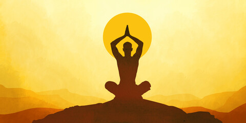 Yoga day concept. Multiple exposure image. yoga practicing at sunset and sunrise