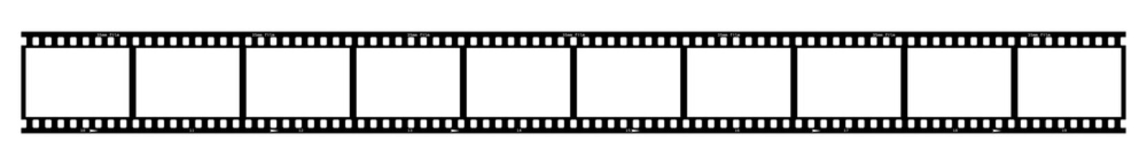 35mm film strip vector design with ten frames on white background. Black film reel symbol illustration to use in photography, television, cinema, photo frame.
