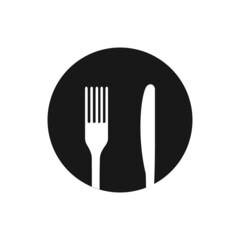 Fork and knife icon. Simple round cutlery icon for web and print isolated on white background.