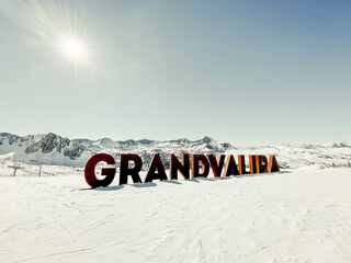 Sign of Grandvalira ski resort in Andorra - obrazy, fototapety, plakaty