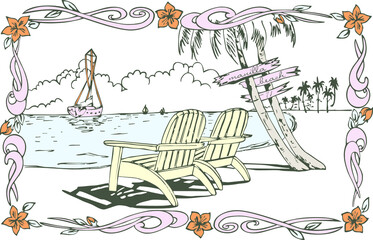 lady woman girl young beauty tshirt house scene beach tree sea river sketch drawn hand benches