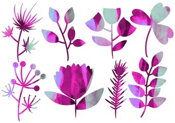 Set with flowers and leaves for stickers and cards and kids and hobbies and linens and fabrics