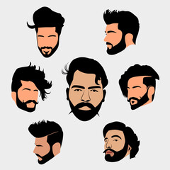 A set of man's hairstyles, beards. Gentlemen haircuts and shaves. Digital hand-drawn vector illustration.