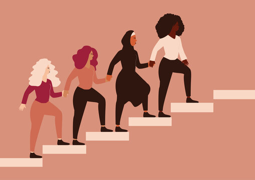 Group of strong women climbing highly on the stairs, hold hands and help each other. Females community with different ethnicity represent friendship, sisterhood. Women empowerment and equality concept