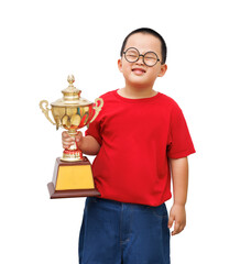 A smart boy holding a big trophy. Isolated on a white background,