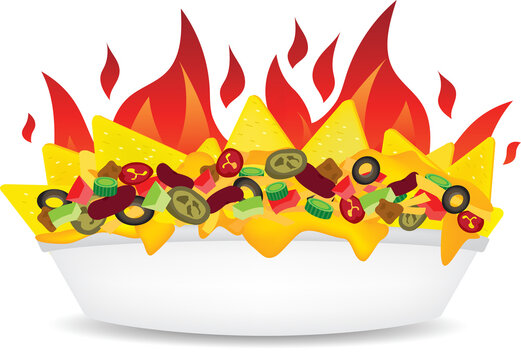 Delicous fire Supreme loaded cheese mexican nachos plate side view illustration