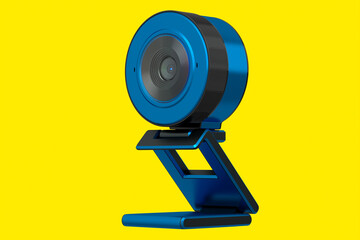 Web camera on stand for online video chat and conference on yellow background