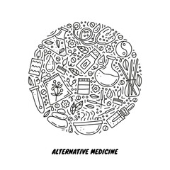 Doodle alternative medicine and ayurveda icons in circle.