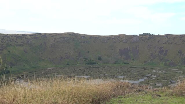 inside of orongo's volcano with grass