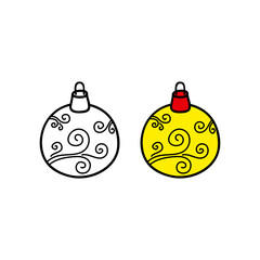 Doodle outline and colored Christmas ball.