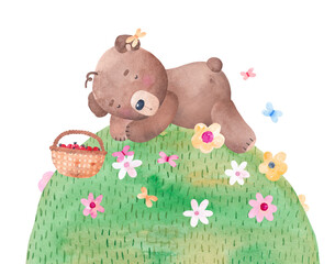 Cute teddy bear is sleeping in the meadow. Watercolor illustration. Horizontal banner. Decor for a children's room. Bear picking berries. © bukhavets