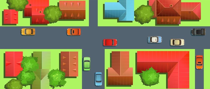 Streets of city with cars. Top View from above. Small town house and road. Map with roads, trees and buildings. Modern car. Cartoon cute style illustration. Horizontal background image. Vector