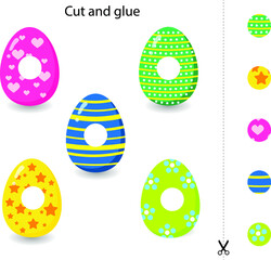 Cut and glue game for kids with cute easter eggs cutting practice for preschoolers. Game for a child early Montessori training.