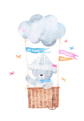 Cute polar bear traveling by cloud. Watercolor poster. Isolated on white background. © bukhavets