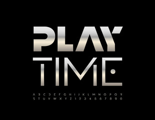 Vector silver Emblem Game Time. Creative Font. Unique Metallic Artistic Alphabet Letters and Numbers set