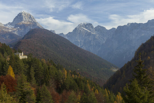 View to old white castle in Triglav National Park in Julian Alps mountains in Slovenia and Italy