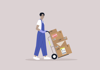 A young storage worker in denim overalls rolling a cart loaded with cardboard boxes, delivery service, cargo shipment