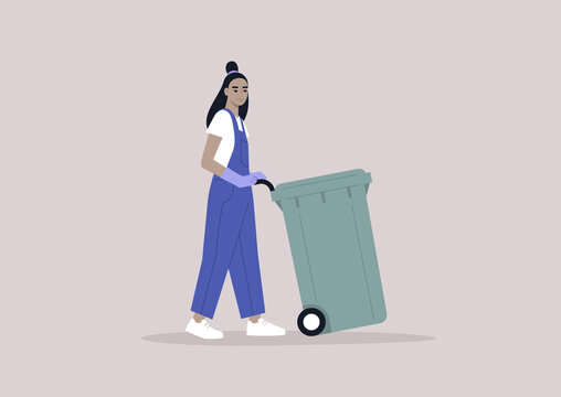 A young modern character in denim overalls collecting a waste bin, Utility service, environmental conversation, a plastic garbage container on a wheel