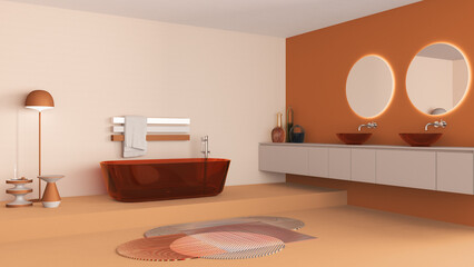 Showcase bathroom interior design in orange and beige tones, glass freestanding bathtub and wash basing. Round mirrors, faucets, modern carpet, floor lamp, tables. Minimalist project