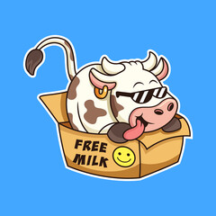 Funny cow with cardboard box cartoon. Animal vector icon illustration isolated on premium vector