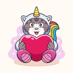 Cute cat unicorn hugs love cartoon. Animal vector icon illustration, isolated on premium vector
