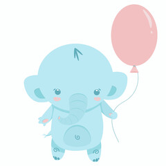 Vector illustration of a light blue cute elephant with a pink balloon.