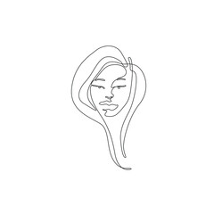 Woman abstract portrait, continuous line drawing, face of the girl is a single line on a white background,  Vector illustration. Tattoo, print and logo design for a spa or beauty salon. Line art.