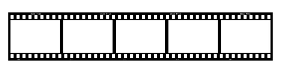 35mm film strip vector design with 5 frames on white background. Black film reel symbol illustration to use in photography, television, cinema, photo frame. 
