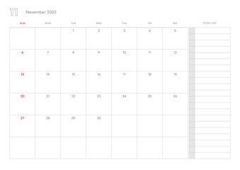 Simple November 2022 calendar template illustration.