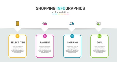 Concept of shopping process with 4 successive steps. Four colorful graphic elements. Timeline design for brochure, presentation, web site. Infographic design layout.