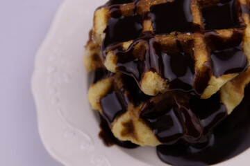 Fresh from Oven, Belgian Waffle topped with Chocolate Syrup
