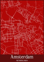 Red map of Amsterdam Netherlands.