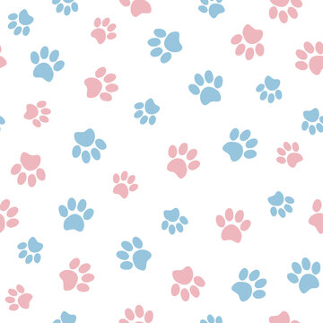Seamless pet paw pattern. Cat or dog footprint on white background. Vector illustration. It can be used for wallpapers, wrapping, cards, patterns for clothes and other.