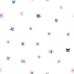 Fototapeta na wymiar Floral seamless pattern with pink and gray flowers on white background. Watercolor illustration. Cute texture for wrapping, textile, wallpaper, apparel and fabric. Little flowers.