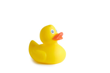 Yellow rubber duck on a white background.