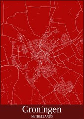 Red map of Groningen Netherlands.