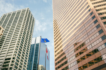 Looking up at skyscrapers in the city of Calgary with Alberta and Canadian flags.