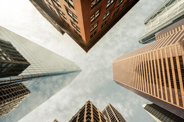 Looking up at skyscrapers in the city of Calgary.