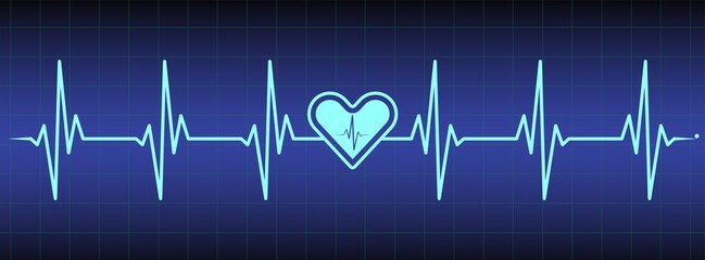 Blue ecg, ekg monitor with cardio diagnosis, heartbeat and heart. Heart rhythm line vector design to use in healhcare, healthy lifestyle, medicine and ekg, ecg concept illustration projects.