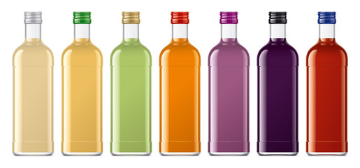 Set of Glass Bottles with non-transparent Juices. 3d rendering