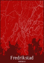 Red map of Fredrikstad Norway. - obrazy, fototapety, plakaty