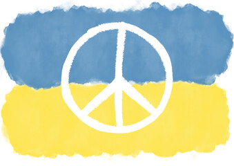 Große Farbstriche in blau und gelb zeigen die Nationalfarben der Ukraine. Ein Friedenssymbol im Vordergrund. - obrazy, fototapety, plakaty