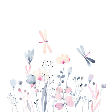 Watercolor flowers on white background. Summer meadow. Illustration for card, poster, banner or your other design.