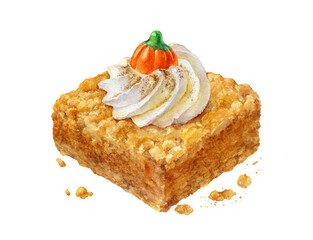 Pumpkin pie with whipped cream watercolor illustration isolated on white background