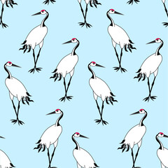 Japanese crane on blue seamless pattern. Art design outline monochrome stock vector illustration for web, for print