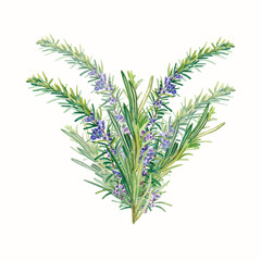 Rosemary bush. Watercolor illustration of herb for cooking. Realistic botanical. For the design