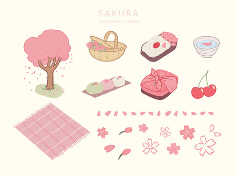 Set Of Isolated Sakura Hanami Hand Drawn Picnic Elements