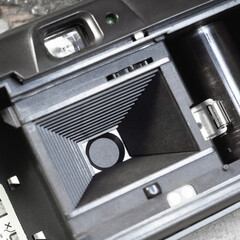 The open back of the camera, where the film was inserted, is a close-up. Selective focus..