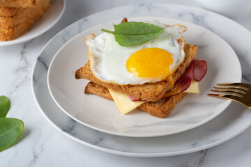 Sandwich with a fried egg, bacon, cheese and spinach